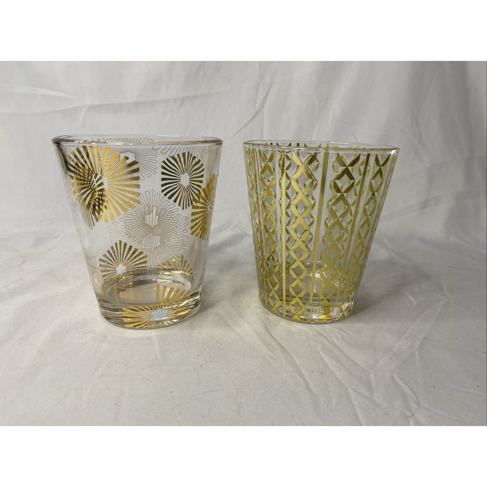 2 Nest New York Glass Candle Votive Holders Gold Geometric Stripe 4"x3.5"